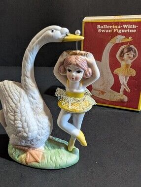Vtg Spinning Ballerina With Swan Figurine Yellow Tutu Ceramic Taiwan